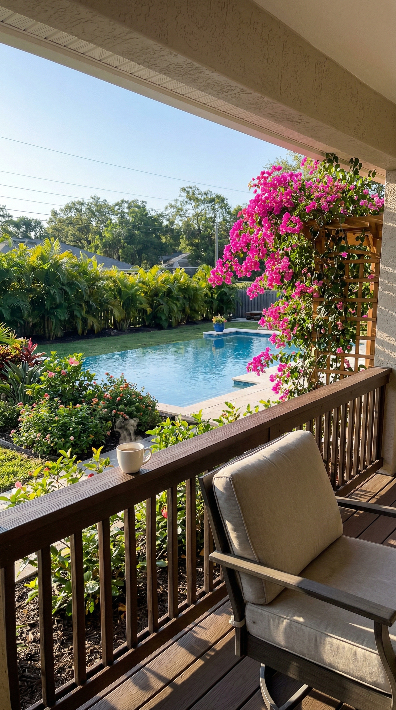 Tropical backyard with bougainvillea and pool